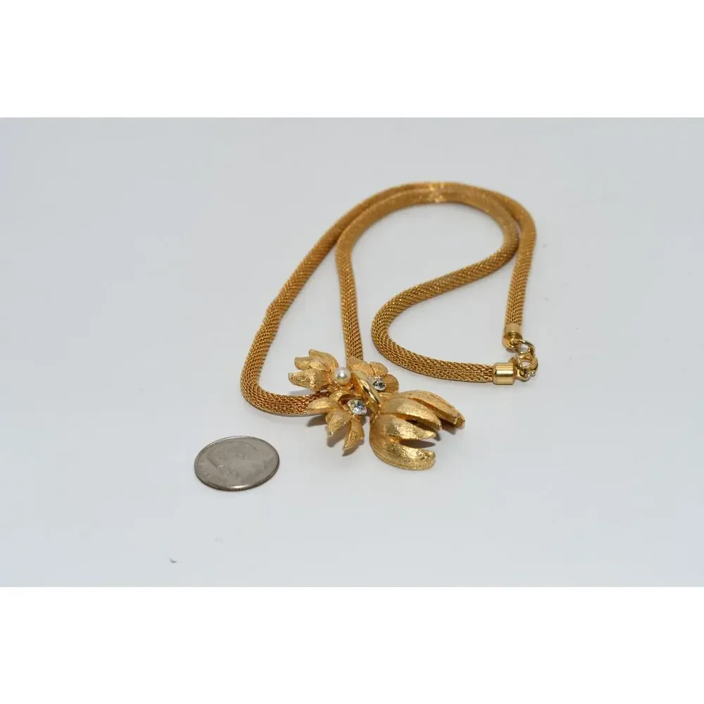 Vintage Gold Tone Floral Mesh Pendant Necklace Faux Pearl Rhinestones